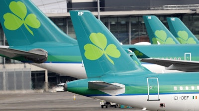 Aer Lingus Airbus A320 plane lands at Dublin airport, Ireland.