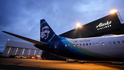 An Alaska Airlines Boeing 737 Max 9 with a door plug aircraft awaits inspection at the airline's hangar at Seattle-Tacoma International Airport.
