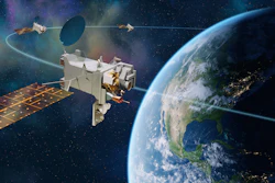 Concept art of NOAA's GeoXO weather satellite constellation.
