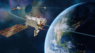 Concept art of NOAA's GeoXO weather satellite constellation.