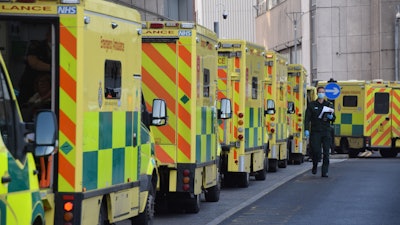 Ambulance vehicles at the Royal London Hospital.