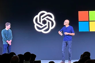 OpenAI CEO Sam Altman, left, appears onstage with Microsoft CEO Satya Nadella at OpenAI's first developer conference.
