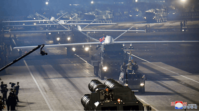 This photo provided by the North Korean government, shows what it says attack drones during a military parade to mark the 70th anniversary of the armistice.
