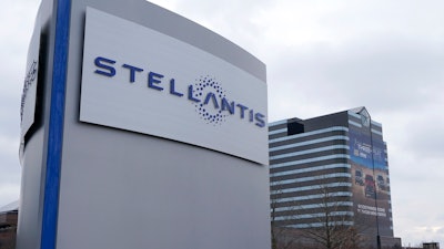 The Stellantis sign is seen outside the Chrysler Technology Center in Auburn Hills, Mich.
