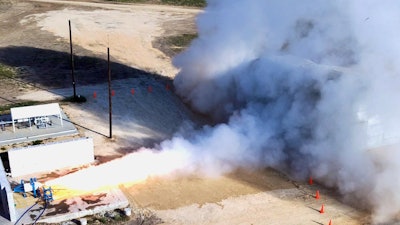 Aerial photo of the successful static test of X-Bow's Ballesta-34 solid rocket motor.