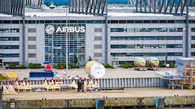 Exterior view of the Airbus factory in Hamburg-Finkenwerder.