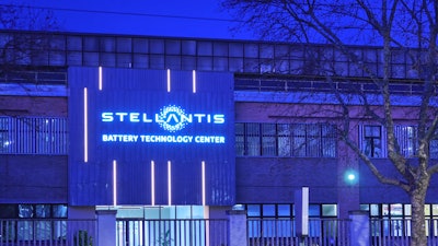 The Stellantis logo at the entrance to the Mirafiori factory in Turin.