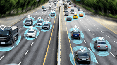 Autonomous self-driving mode vehicle on metro city road IoT concept with graphic sensor radar signal system and internet sensor connect.