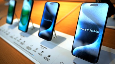 Apple iPhone 15 ProMax phones are shown in an Apple store in Pittsburgh.