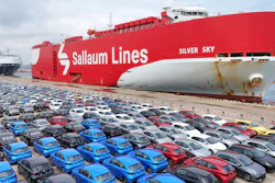 New cars wait for transportation near a Sallaum Lines ro-ro ship seen by the dock in Yantai in east China's Shandong province.