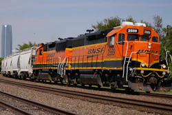 A BNSF locomotive heads south out of Oklahoma City.