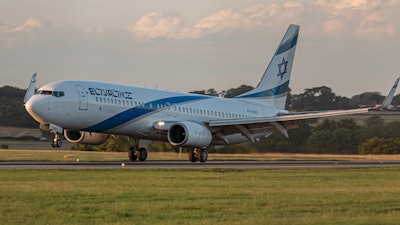 Boeing 737 4X-ECO Israel Airlines, El Al, landing at London Luton airport.