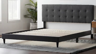 This photo provided by the Consumer Product Safety Commission shows a Lucid Platform Bed with an upholstered square tufted headboard that is being recalled across the U.S. and Canada.