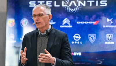 Stellantis CEO Carlos Tavares speaks during a news conference following a meeting with unions, March 31, 2022, in Turin, Italy.