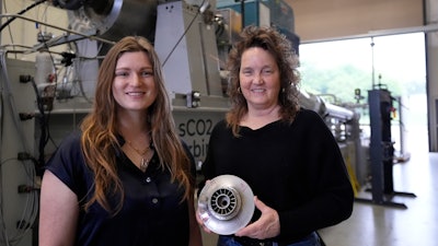 Cindy Taff, right, and Brianna Byrd, left, with Sage Geosystems, a startup that aims to make clean electricity, pose while visiting Southwest Research Institute where testing and research is taking place in San Antonio, Monday, April 1, 2024.