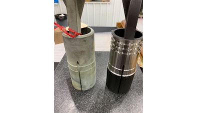 A 3D-printed part (left) used in the oil and gas industry, transformed through precision machining (right) to meet exacting specifications.