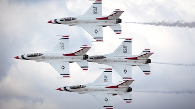 The US Air Force Thunderbirds perform at the 2023 Thunder and Lightning Over Arizona airshow.
