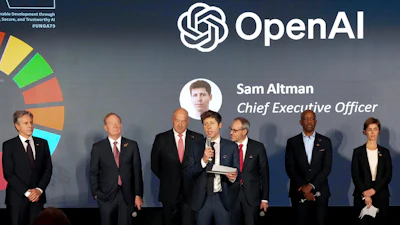 Open AI Chief Executive Officer Sam Altman, center, speaks at the Advancing Sustainable Development through Safe, Secure, and Trustworthy AI Event on Sept. 23, 2024, in New York.
