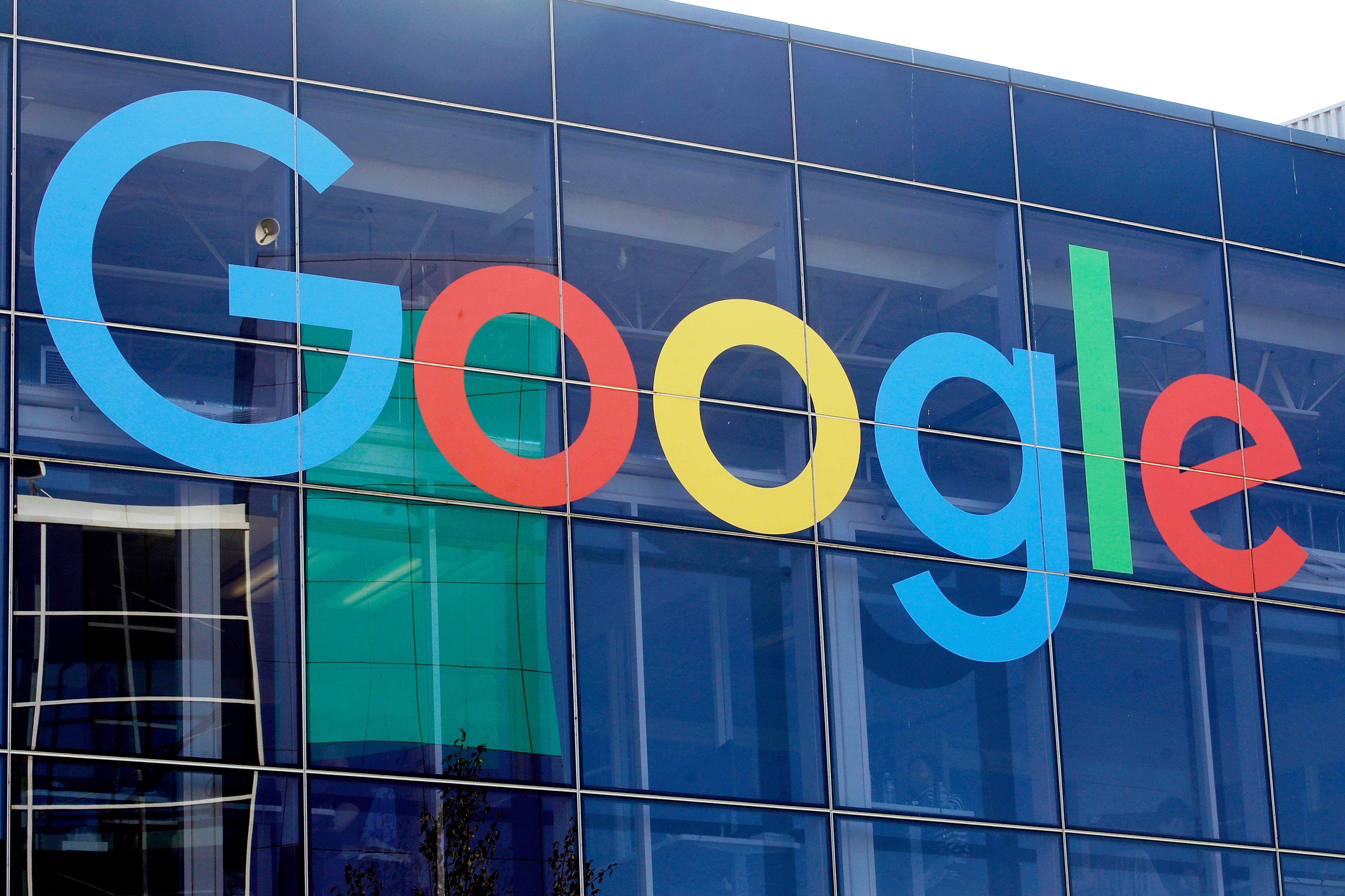 A sign is shown on a Google building at their campus in Mountain View, Calif., on Sept. 24, 2019.