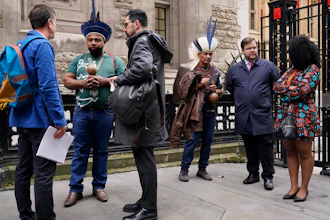 Protesters stand outside the Royal Courts of Justice in London Monday, Oct. 21, 2024, as lawyers representing around 620,000 Brazilians as well as businesses, municipal governments, members of the Krenak indigenous tribe are bringing a multibillion-pound legal action against BHP Group following the collapse of the Fundao dam in November 2015.