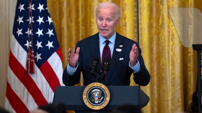 President Joe Biden speaks at a reception celebrating Diwali, in the East Room of the White House in Washington, Monday, Oct. 28, 2024.