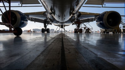 The underside of a 787 commercial aircraft.