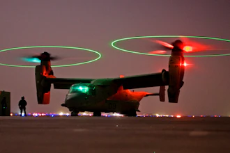 A V-22 Osprey tilt rotor aircraft taxi's during a mission in western Iraqi desert, Oct. 13, 2008.