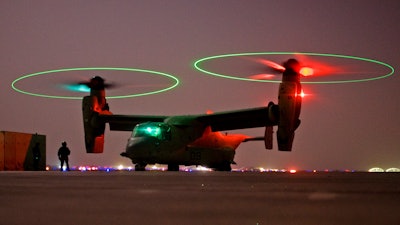 A V-22 Osprey tilt rotor aircraft taxi's during a mission in western Iraqi desert, Oct. 13, 2008.