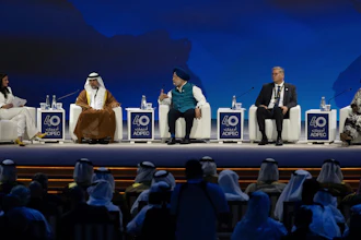 India's Minister of Petroleum and Natural Gas Hardeep Singh Puri, center, talks in a panel as UAE Minister of Energy and Infrastructure Suhail al-Mazrouei, second left, Egypt's Minister of Petroleum and Mineral Resources of Egypt Karim Badawi, second right, and Uganda's Minister of Energy and Mineral Development Ruth Nankabirwa Ssentamu look on during the the inaugural session of annual Abu Dhabi International Petroleum Exhibition and Conference (ADIPEC) in Abu Dhabi, United Arab Emirates, Monday, Nov. 4, 2024.