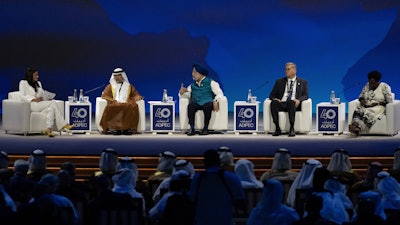 India's Minister of Petroleum and Natural Gas Hardeep Singh Puri, center, talks in a panel as UAE Minister of Energy and Infrastructure Suhail al-Mazrouei, second left, Egypt's Minister of Petroleum and Mineral Resources of Egypt Karim Badawi, second right, and Uganda's Minister of Energy and Mineral Development Ruth Nankabirwa Ssentamu look on during the the inaugural session of annual Abu Dhabi International Petroleum Exhibition and Conference (ADIPEC) in Abu Dhabi, United Arab Emirates, Monday, Nov. 4, 2024.