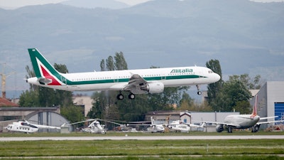 In this photo taken on Sunday, May 5, 2019, an Alitalia plane takes off from Sofia airport, Bulgaria.