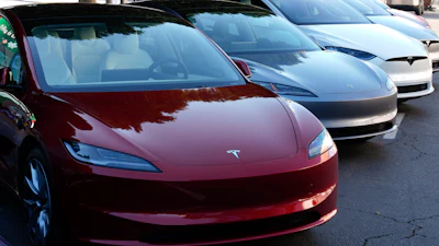 Tesla vehicles are displayed at the AutoMobility LA Auto Show,Thursday, Nov. 21, 2024, in Los Angeles.