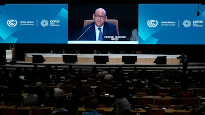 Simon Stiell, United Nations climate chief, speaks during a closing plenary session at the COP29 U.N. Climate Summit, Sunday, Nov. 24, 2024, in Baku, Azerbaijan.