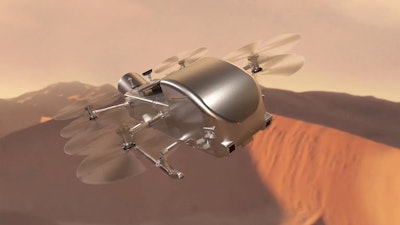 Artist’s concept of Dragonfly soaring over the dunes of Saturn’s moon Titan.