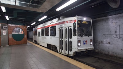 A Philadelphia transit SEPTA (Southeastern Pennsylvania Transportation Authority) trolley arrives at Market East station.