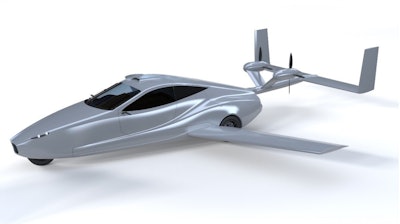 Switchblade flying sports car in flying mode with swingwings out.