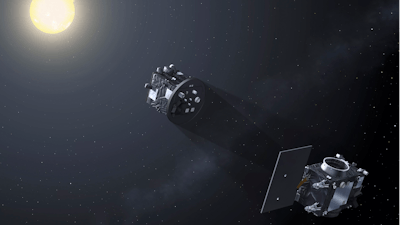 This image provided by the European Space Agency shows a pair of probes creating an artificial total solar eclipse through formation flying.