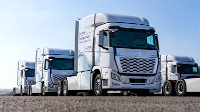 Hyundai Xcient fuel cell trucks are photographed at the Port of Brunswick, Georgia.