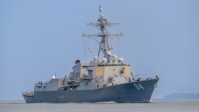 The Arleigh Class destroyer USS Nitze, DDG 94, sailing down the York River near Yorktown, Virginia.