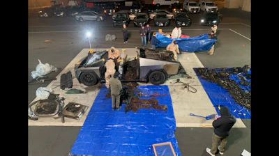 This undated photo, provided by the Las Vegas Police Department shows the Tesla Cybertruck involved in an explosion outside the Trump Hotel in Las Vegas.
