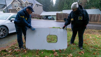 This photo released by the National Transportation Safety Board shows the door plug that fell from Alaska Airlines Flight 1282 on Jan. 8, 2024, in Portland, Ore.