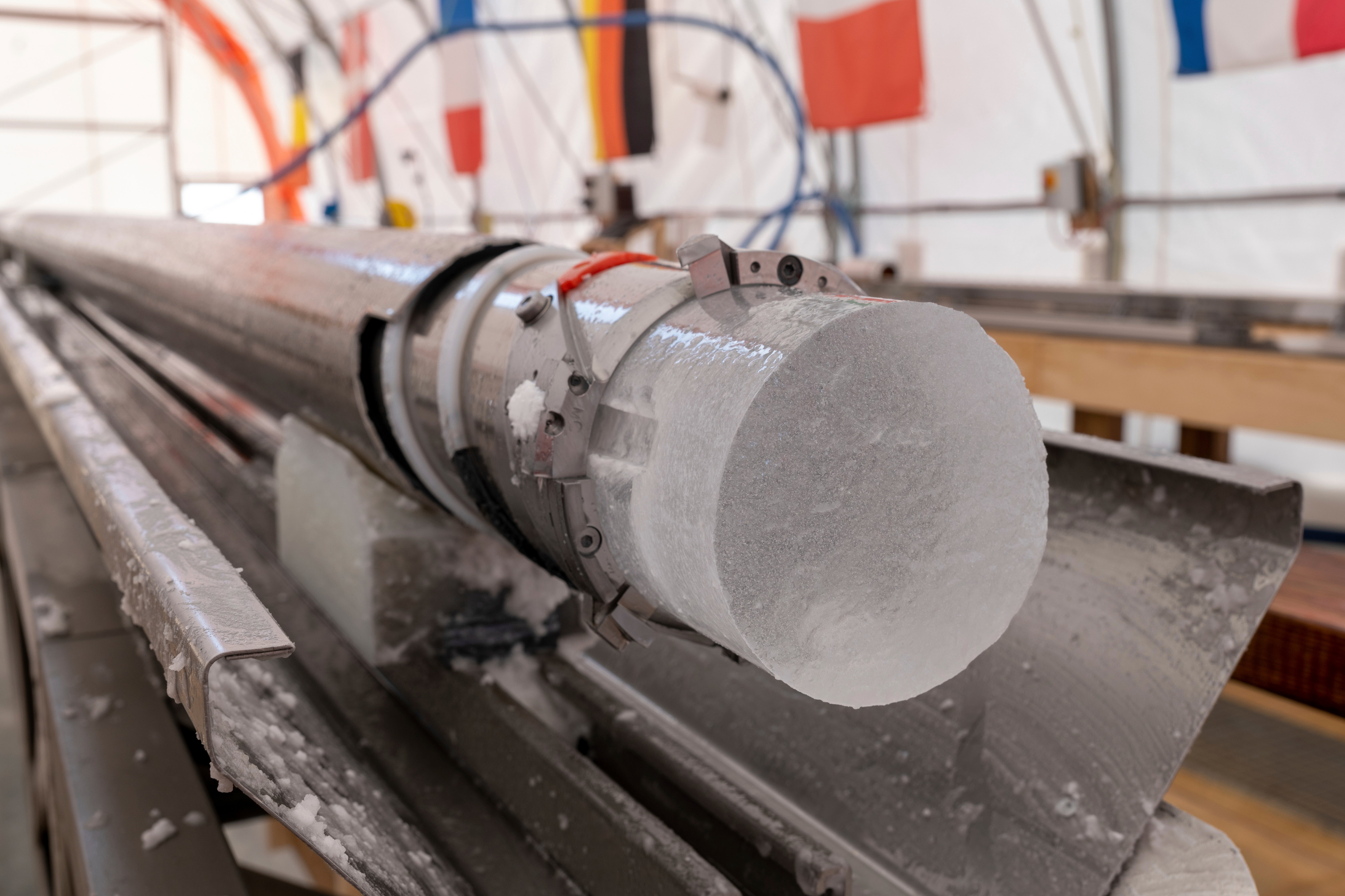 An ice core drilled by a research team is displayed at Little Dome C field base in eastern Antarctica, during the cutting phase on Tuesday, Jan. 7, 2025.