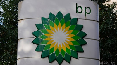 A logo of BP at a gas station in London, on Nov. 1, 2022.