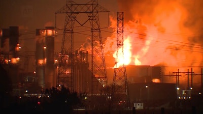 This image from video shows flames rising after a major fire erupted Thursday afternoon at the Moss Landing Power Plant, located about 77 miles (about 124 kilometers) south of San Francisco, Thursday, Jan.16, 2025.