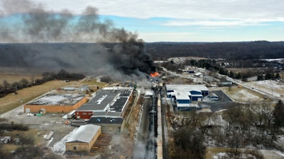 This photo taken with a drone shows portions of a Norfolk Southern freight train that derailed in East Palestine, Ohio, Feb. 4, 2023.