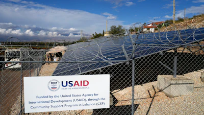Solar panels system funded by United States Agency for International Development (USAID) are seen in the Lebanese-Syrian border town of Majdal Anjar, eastern Bekaa valley, Lebanon, Nov. 9, 2022.
