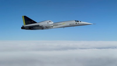 The Boom Supersonic's XB-1 aircraft breaks the sound barrier, Mach 1, during a test flight Tuesday, Jan. 28, 2025, over the Mohave Desert, Calif.
