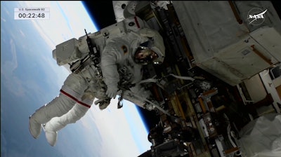 In this image, made from NASA TV, US astronaut Suni Williams works outside the International Space Station during a spacewalk, Thursday, Jan. 30, 2025.