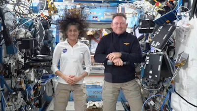 This image made from a NASA live stream shows NASA astronauts Suni Williams and Butch Wilmore during a press conference from the International Space Station on Friday, Sept. 13, 2024.