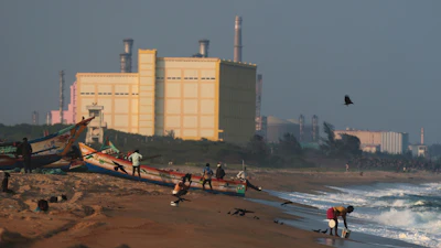 Fishermen park their boats on the shore near the Madras Atomic Power Station located at Kalpakkam, in the Indian state of Tamil Nadu, Monday, Feb. 10, 2025.